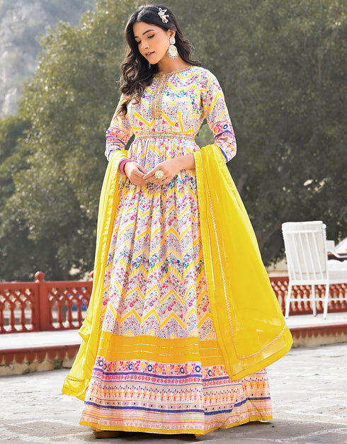 Traditional Function Wear Readymade Suit & Dupatta Collection Offwhite Dola Silk Gown Back View