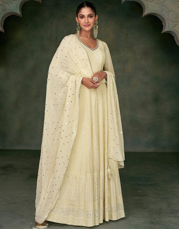 Traditional Function Wear Readymade Real Gerogette Suit Collection Cream Real Gerogette Gown Front View