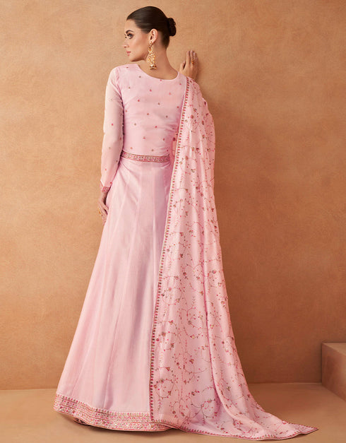 Traditional Function Wear Readymade Premium Silk Gown With Dupatta Collection Pink Premium Silk Gown Back View
