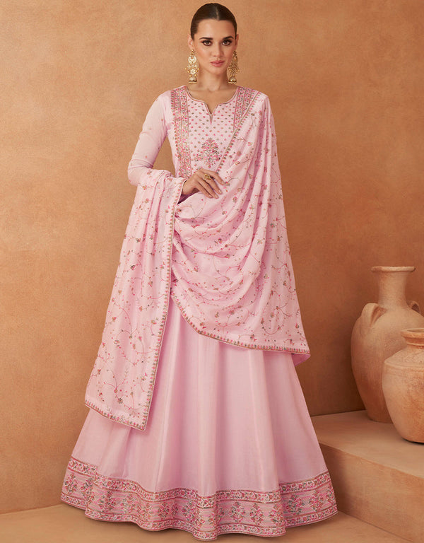 Traditional Function Wear Readymade Premium Silk Gown With Dupatta Collection Pink Premium Silk Gown Front View
