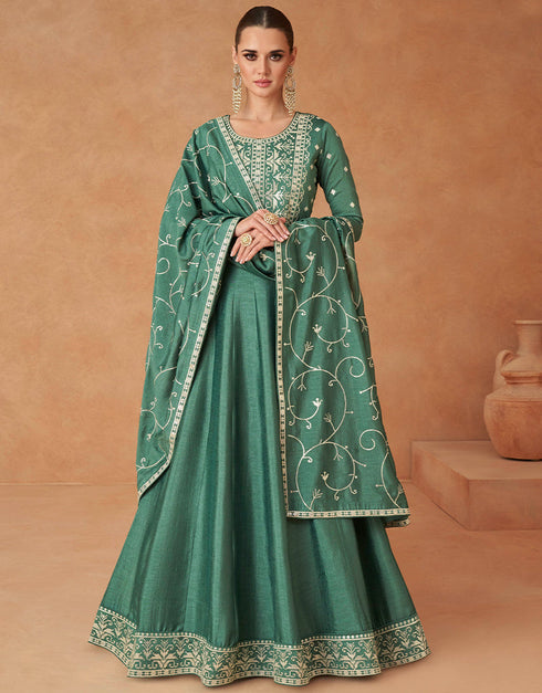 Traditional Function Wear Readymade Premium Silk Gown With Dupatta Collection Green Premium Silk Gown Front View