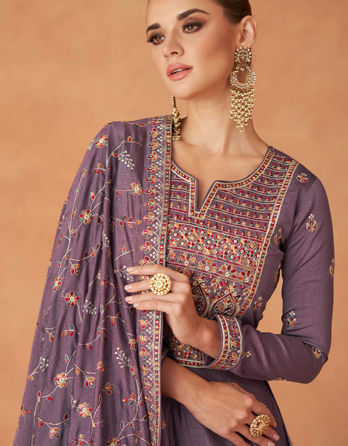 Traditional Function Wear Readymade Premium Silk Gown With Dupatta Collection Purple Premium Silk Gown Close-up View