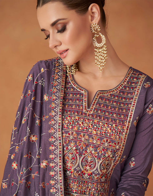 Traditional Function Wear Readymade Premium Silk Gown With Dupatta Collection Purple Premium Silk Gown Back View