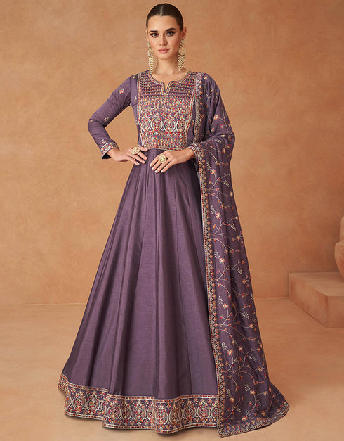 Traditional Function Wear Readymade Premium Silk Gown With Dupatta Collection Purple Premium Silk Gown Front View