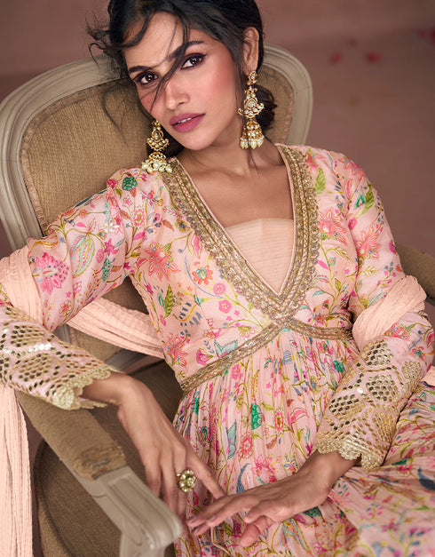 Traditional Function Wear Readymade Pure Organza Silk Gown With Dupatta Collection Pink Pure Organza Silk Gown Back View