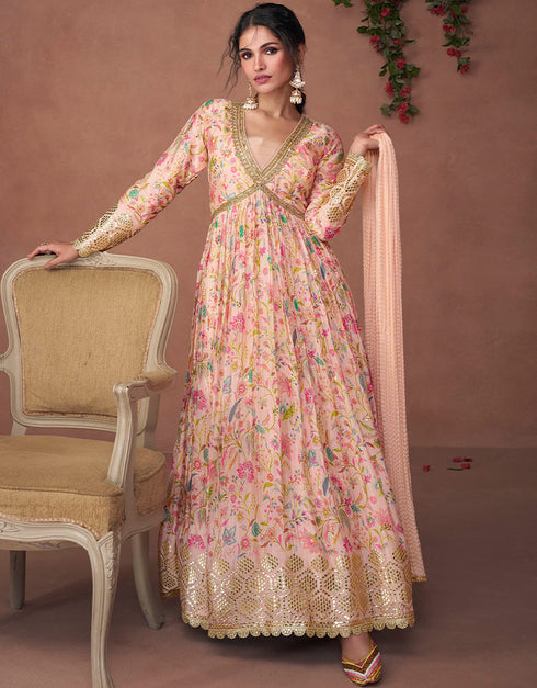 Traditional Function Wear Readymade Pure Organza Silk Gown With Dupatta Collection Pink Pure Organza Silk Gown Front View