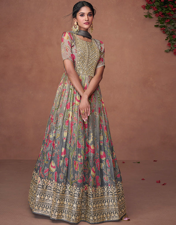 Traditional Function Wear Readymade Pure Organza Silk Gown With Dupatta Collection Grey Pure Organza Silk Gown Front View