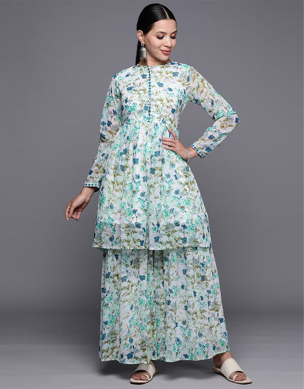 Trendy Designer Heavy Georgette Readymade Kurti With Bottom Blue Georgette Palazzo Suit Front View