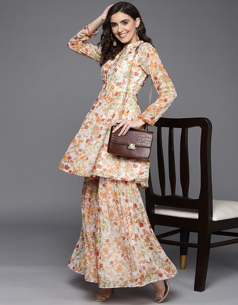 Trendy Designer Heavy Georgette Readymade Kurti With Bottom Light Orange Georgette Palazzo Suit Close-up View