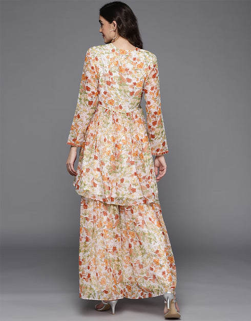 Trendy Designer Heavy Georgette Readymade Kurti With Bottom Light Orange Georgette Palazzo Suit Side View