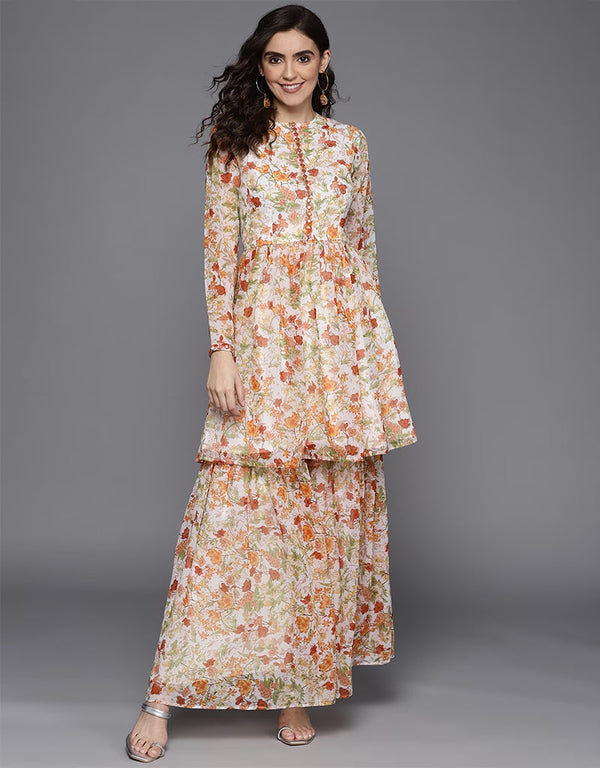 Trendy Designer Heavy Georgette Readymade Kurti With Bottom Light Orange Georgette Palazzo Suit Front View