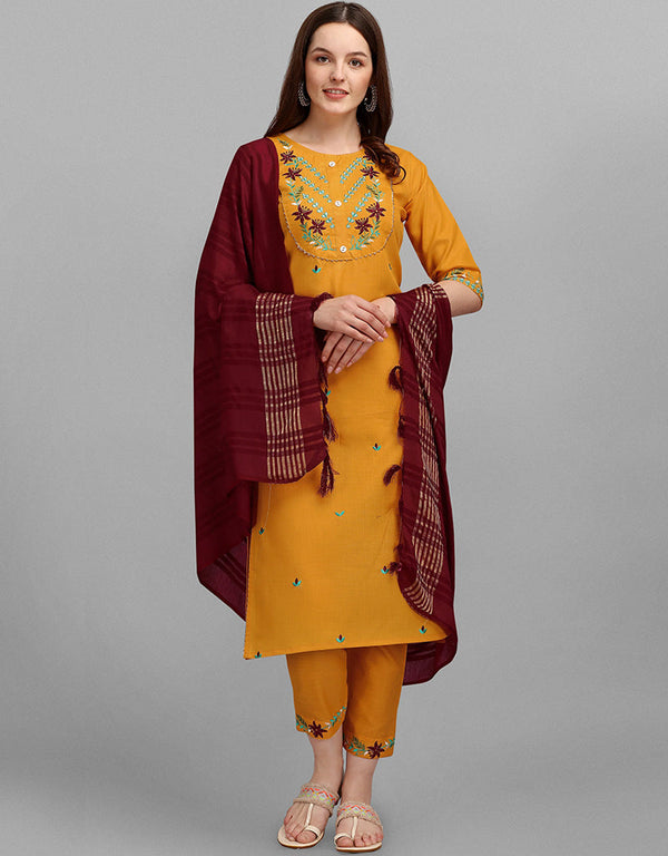Designer Party Wear Heavy Cotton Readymade Suit Collection Mustard Cotton Pant Straight Front View