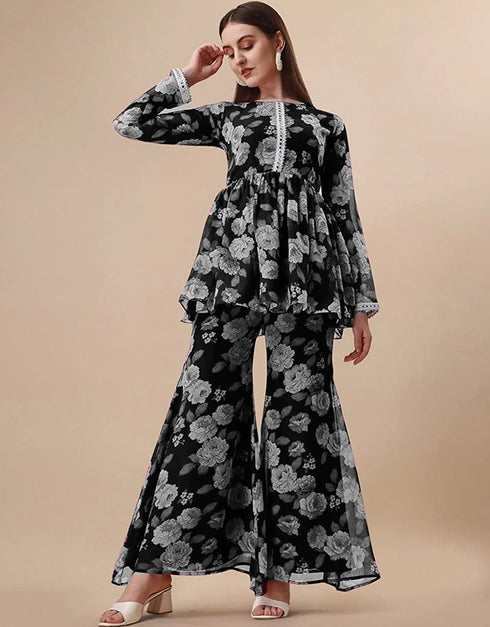 Designer Party Wear Heavy Georgette Readymade Top With Sharara Collection Black Georgette Sharara Suit Front View