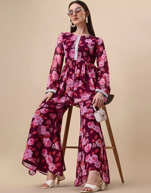 Designer Party Wear Heavy Georgette Readymade Top With Sharara Collection Red Georgette Sharara Suit Close-up View