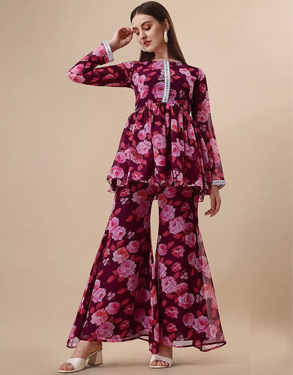 Designer Party Wear Heavy Georgette Readymade Top With Sharara Collection Red Georgette Sharara Suit Front View