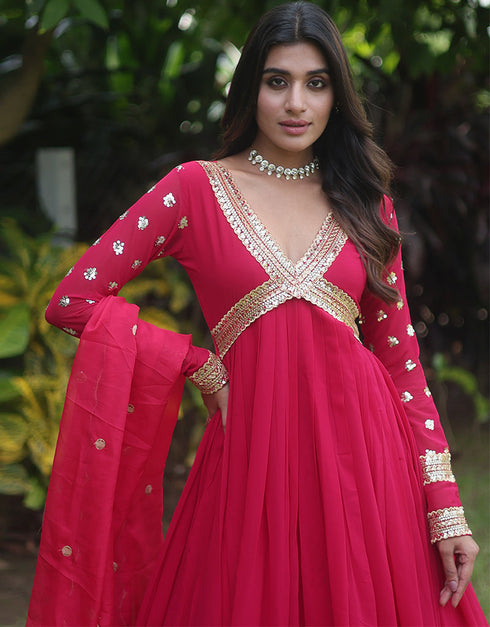 Traditional Function Wear Readymade Faux Blooming Gown With Dupatta Collection Rani Faux Blooming Gown Back View