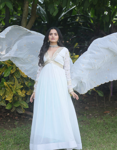 Traditional Function Wear Readymade Faux Blooming Gown With Dupatta Collection White Faux Blooming Gown Back View