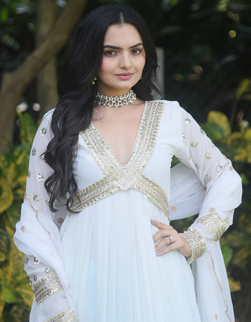 Traditional Function Wear Readymade Faux Blooming Gown With Dupatta Collection White Faux Blooming Gown Side View