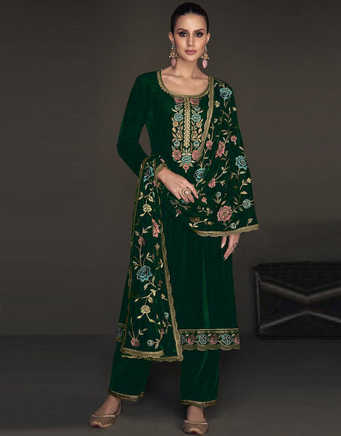 Designer Party Wear Velvet Salwar Suit Collection Green Velvet Pant Straight Front View