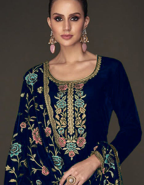 Designer Party Wear Velvet Salwar Suit Collection Blue Velvet Pant Straight Close-up View