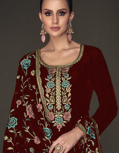Designer Party Wear Velvet Salwar Suit Collection Maroon Velvet Pant Straight Close-up View