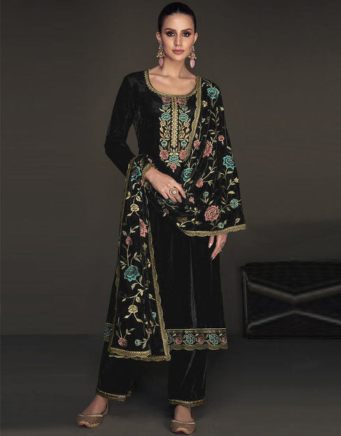 Designer Party Wear Velvet Salwar Suit Collection Black Velvet Pant Straight Front View