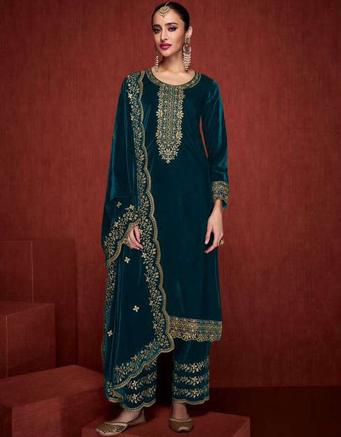 Designer Party Wear Velvet Salwar Suit Collection Rama Velvet Pant Straight Front View
