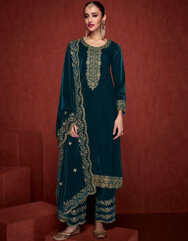 Designer Party Wear Velvet Salwar Suit Collection Rama Velvet Pant Straight Front View