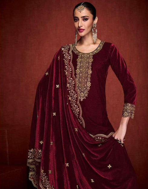 Designer Party Wear Velvet Salwar Suit Collection Maroon Velvet Pant Straight Close-up View