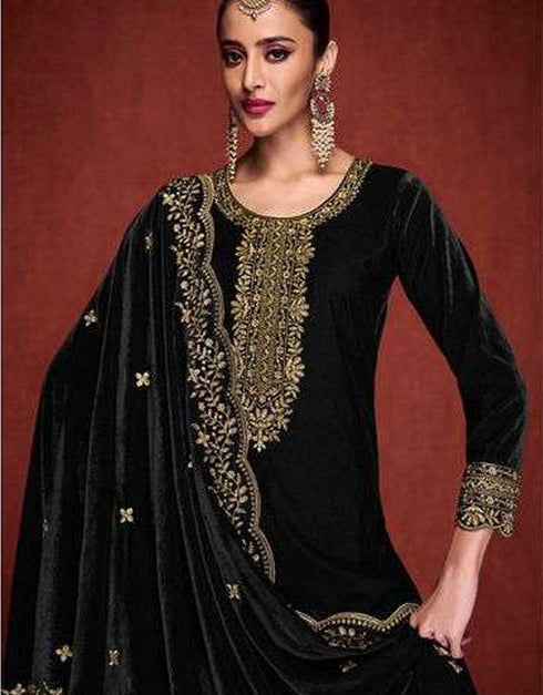 Designer Party Wear Velvet Salwar Suit Collection Black Velvet Pant Straight Close-up View