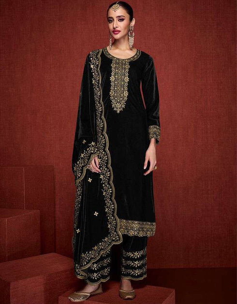 Designer Party Wear Velvet Salwar Suit Collection Black Velvet Pant Straight Front View