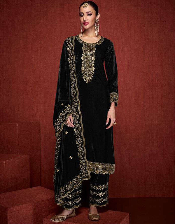 Designer Party Wear Velvet Salwar Suit Collection Black Velvet Pant Straight Front View