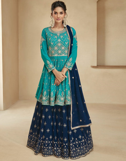 Designer Party Wear Blooming Georgette Salwar Suit Collection Sky Blooming Georgette Lehenga Suit Front View