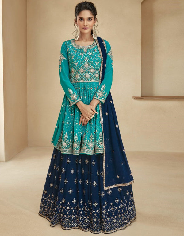 Designer Party Wear Blooming Georgette Salwar Suit Collection Sky Blooming Georgette Lehenga Suit Front View