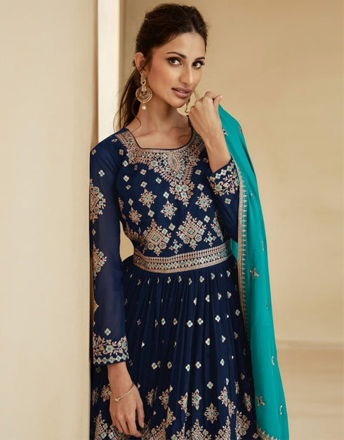 Designer Party Wear Blooming Georgette Salwar Suit Collection Blue Blooming Georgette Lehenga Suit Close-up View