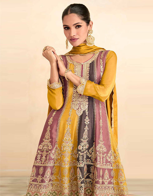 Designer Party Wear Real Chinon Salwar Suit Collection Yellow Real Chinon Palazzo Suit Close-up View