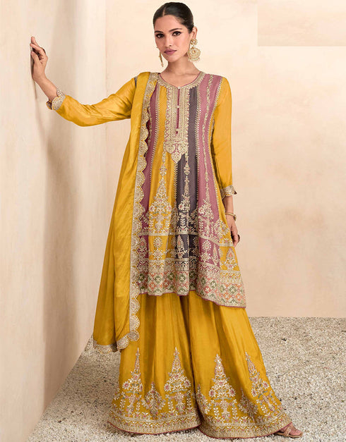 Designer Party Wear Real Chinon Salwar Suit Collection Yellow Real Chinon Palazzo Suit Front View