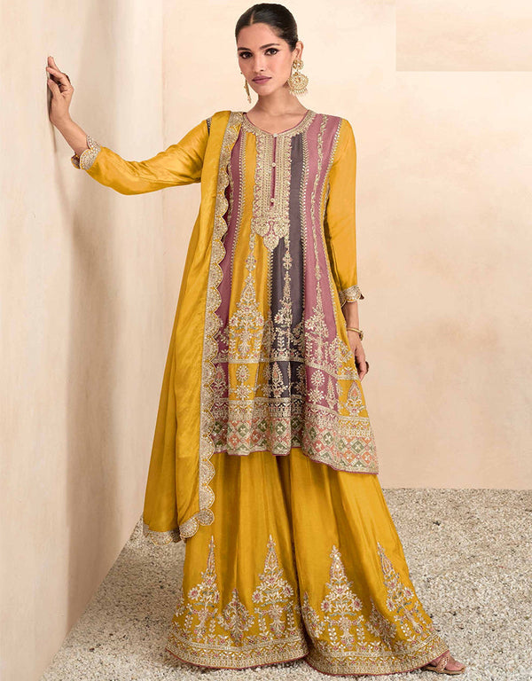 Designer Party Wear Real Chinon Salwar Suit Collection Yellow Real Chinon Palazzo Suit Front View