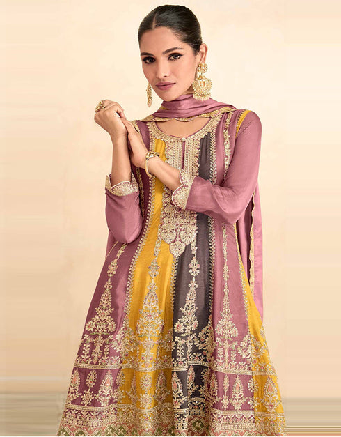 Designer Party Wear Real Chinon Salwar Suit Collection Pink Real Chinon Palazzo Suit Close-up View