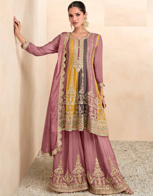 Designer Party Wear Real Chinon Salwar Suit Collection Pink Real Chinon Palazzo Suit Front View
