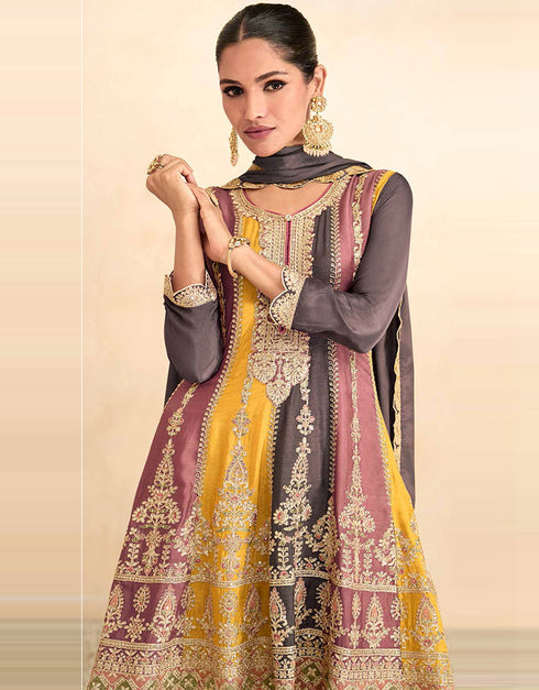 Designer Party Wear Real Chinon Salwar Suit Collection Grey Real Chinon Palazzo Suit Close-up View