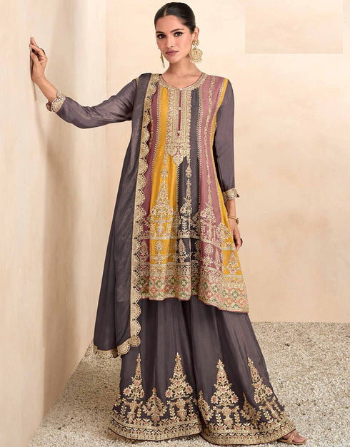 Designer Party Wear Real Chinon Salwar Suit Collection Grey Real Chinon Palazzo Suit Front View