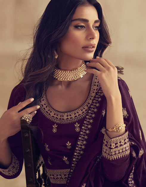 Designer Party Wear Premium Silk Salwar Suit Collection Purple Premium Silk Pant Anarkali Close-up View