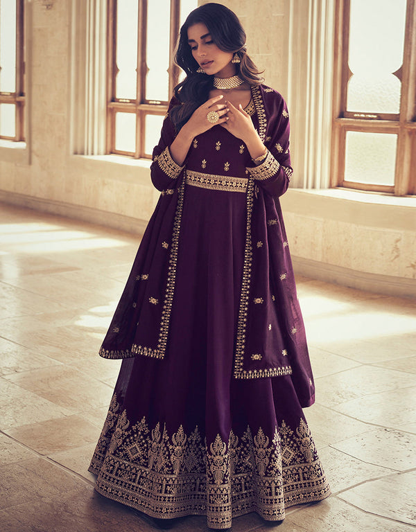 Designer Party Wear Premium Silk Salwar Suit Collection Purple Premium Silk Pant Anarkali Front View