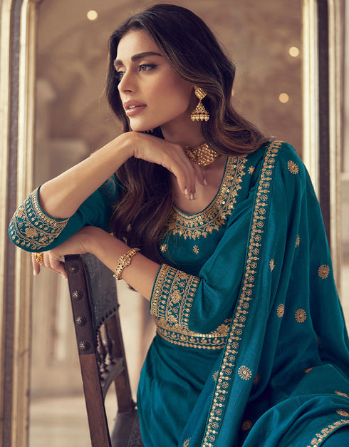Designer Party Wear Premium Silk Salwar Suit Collection Aqua Blue Premium Silk Pant Anarkali Close-up View