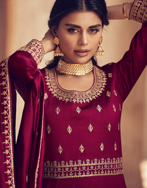 Designer Party Wear Premium Silk Salwar Suit Collection Rani Pink Premium Silk Pant Anarkali Close-up View
