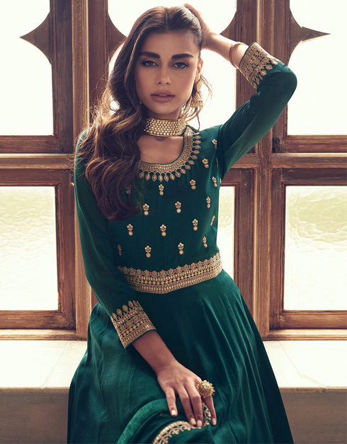 Designer Party Wear Premium Silk Salwar Suit Collection Green Premium Silk Pant Anarkali Close-up View
