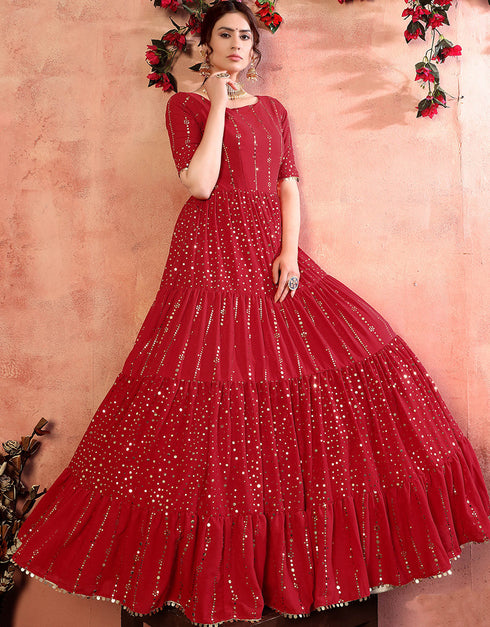 Traditional Function Wear Gown Collection Red Georgette Gown Close-up View