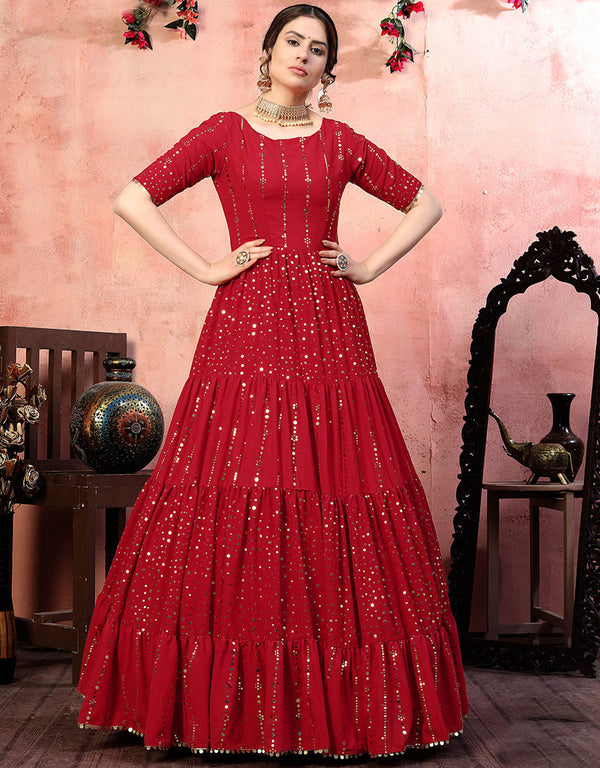 Traditional Function Wear Gown Collection Red Georgette Gown Front View