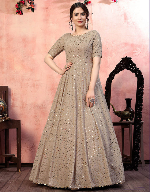 Traditional Function Wear Gown Collection Beige Georgette Gown Close-up View